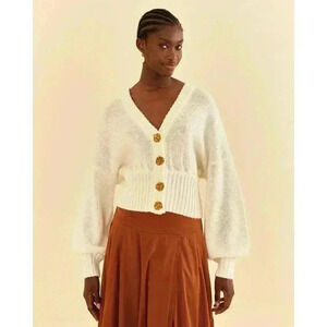 Farm Rio Off-White Bubble Knit Cardigan S Chunky Sweater Brown Buttons Crop NWT